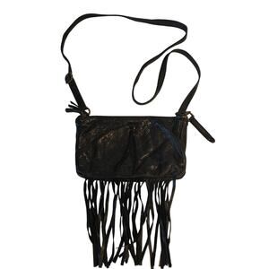 Lucky Brand Erma Leather Fringe Crossbody Bag Black Boho Double Zip